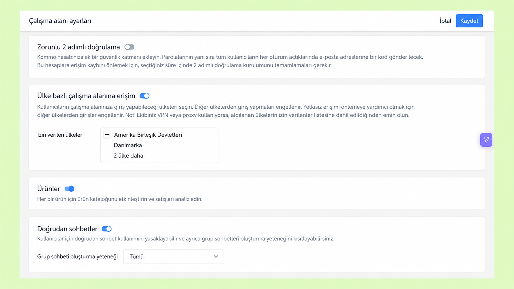 Settings page for enabling two-step verification and country-based access restrictions.